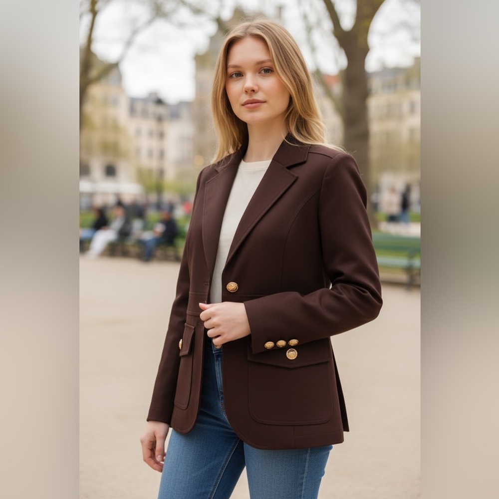 NWOT JOIE Gold Button Fitted Military Blazer Jacket Chocolate Brown XS